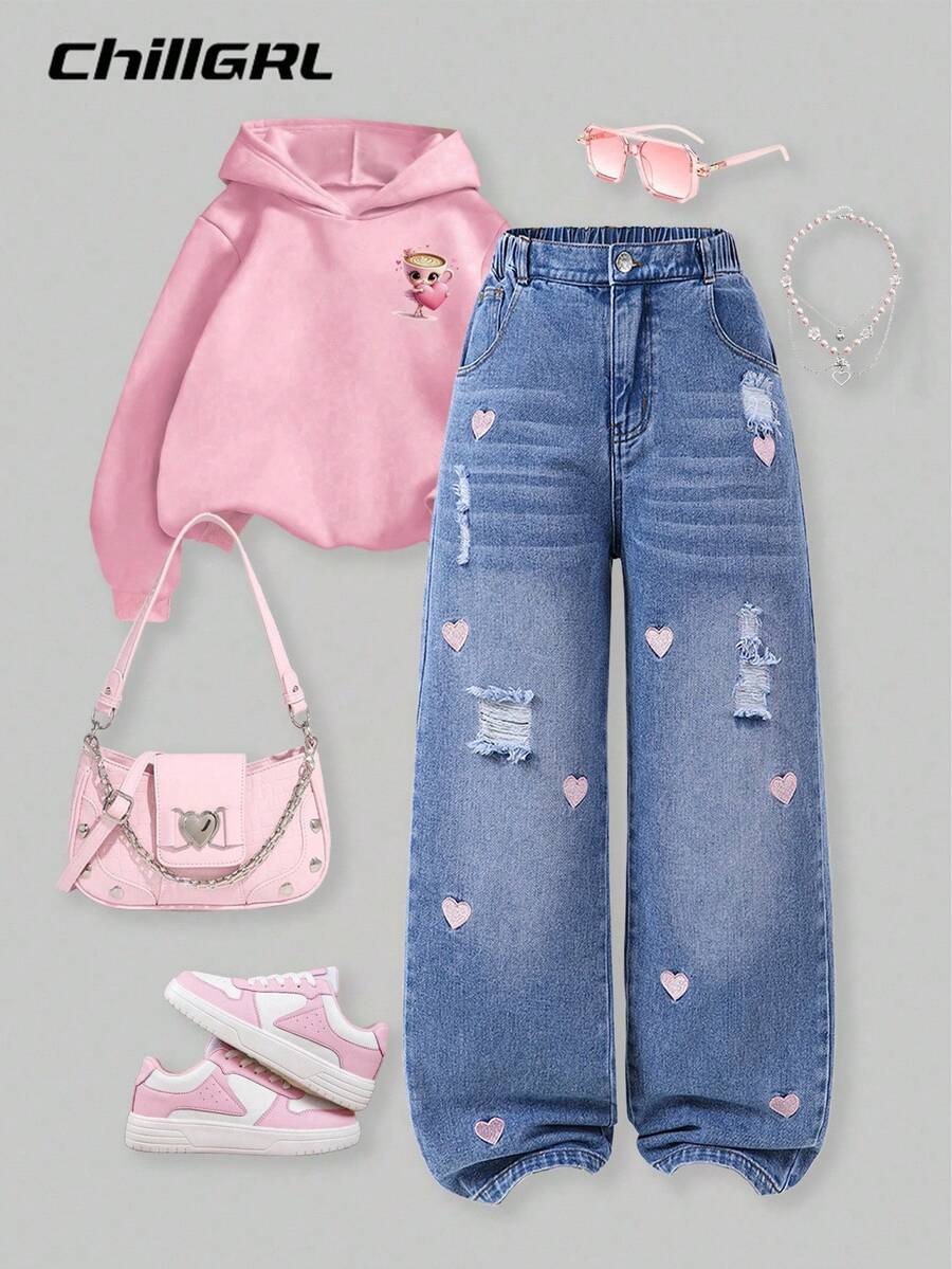 SHEIN ChillGRL 少女爱心刺绣休闲阔腿水洗牛仔裤,适合春、夏、秋、冬四季穿着,街头风,日常穿着,上学,聚会,居家,购物,度假,返校季,节日季。牛仔女孩爱心牛仔裤,带爱心图案的牛仔裤,少女牛仔裤,秋季粉色棉质 - 藍色 - 查看 1