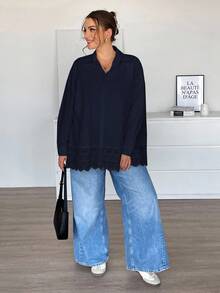 SHEIN Essnce Camisa de mujer talla grande, blusa de primavera, blusa de salida, parche de encaje, ropa de San Valentín, blusas de verano para salir, ropa de primavera, atuendos de rave, atuendos de festival, atuendos de primavera para mujeres