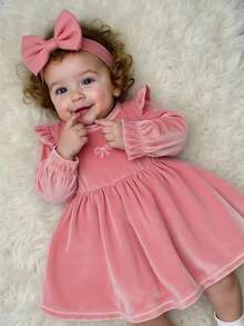 SHEIN 春秋季宝宝女童儿童时尚简约可爱甜美粉色天鹅绒柔软面料花蕾长袖圆领蝴蝶结图案纽扣上衣日常穿搭必备 - 紅木色 - 查看 1