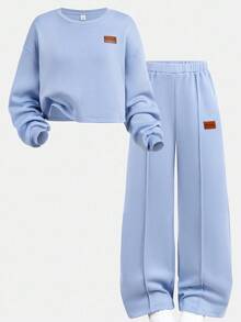 SHEIN 青少年女孩休闲宽松舒适圆领长袖短款连帽衫和裤子套装 - 淺藍色 - 查看 15