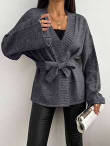 EURMUSE 秋冬休闲纯色落肩宽松开衫配腰带