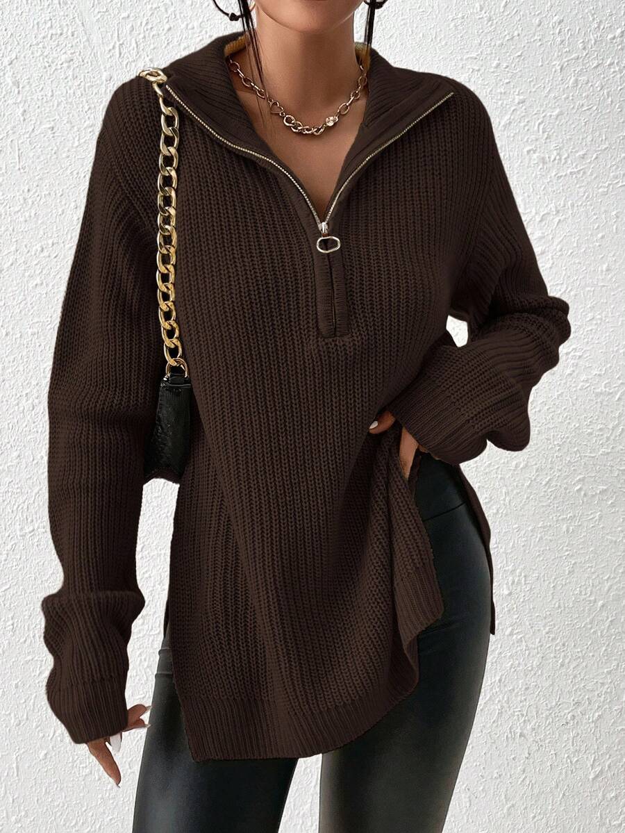 SHEIN Frenchy 半拉链落肩纹毛衣女士秋冬装 - 咖啡棕 - 查看 1