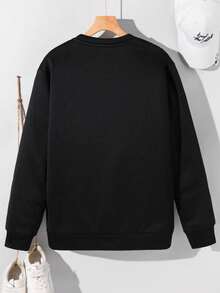 SHEIN 青少年男孩基本款黑色圓領壓紋字母寬鬆冬季衛衣，返校、畢業、秋季、街頭休閒圖案街頭時尚 - 黑色 - 查看 2