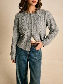 Poéselle Women's Grey Cable Knit Button Up Cardigan Sweater,Cozy Chunky Vintage Y2K Style Long Sleeve Top,Solid Color Casual Autumn Work Wear Front Closure - Grey - View 2