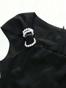 Poshira Elegant Waist Cinched Sleeveless Midi Dress For Women - Black - View 3