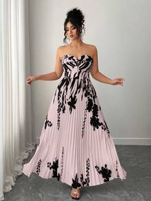 Elenzga Vestido de verano elegante con estampado floral y drapeado para tallas grandes - Rosa coral - Ver 1