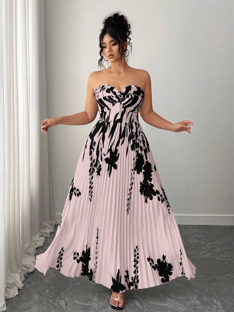 Elenzga Vestido de verano elegante con estampado floral y drapeado para tallas grandes - Rosa coral - Ver 1