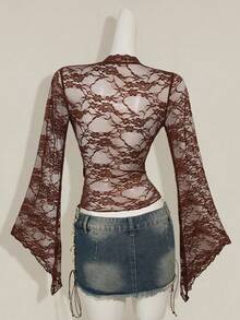 SHEIN ICON Y2k Women's Western Country Concert Boho Hippie Goth Sheer Brown Sexy Lace Twist Front Long Sleeve Cardigan - Brown - View 2