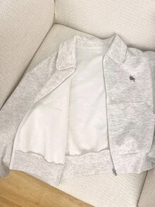 SHEIN 女士骑士刺绣休闲复古时尚拉链连帽夹克，适合秋冬季、通勤、户外、运动，适合兄弟姐妹、母亲节的礼物 - 灰色 - 查看 6