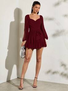 SHEIN BAE 女士轻盈透视蝴蝶结系带灯笼袖开衩纯色连衣裙，适合海滩、度假、日常穿着、约会 - 酒紅色 - 查看 5