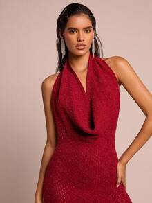 SHEIN Glamour Đầm ôm body đính kim tuyến cổ khoét sâu gợi cảm dành cho nữ - Đỏ - Xem 7