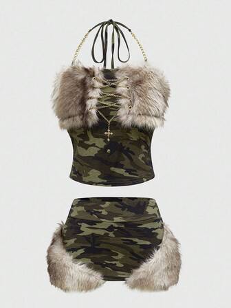 J-Fashion Ensemble 2 pièces Top brassière vintage Y2K à patchwork camouflage effiloché avec chaîne métallique et mini-jupe super basse taille