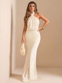 SHEIN BAE Autumn/Winter Solid Apricot Twist Halter Backless Fitted Maxi Elegant Mermaid Dress, Suitable For Party, Cocktail, Formal Occasion, Bridesmaid, Birthday Mini Dress, Business Casual, Backless Satin Graceful Extra Long Dress, Wedding Guest Attire, Wedding Bridesmaid Short Satin Gown, Cocktail Party, Graceful Dress