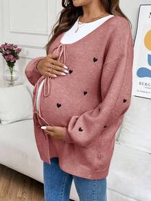 SHEIN Cardigan ample décontracté à manches tombantes avec motif en forme de cœur, à nouer devant. Hauts décontractés pour femmes. Chandail oversize pour femmes enceintes. Vêtements de maternité pour l'automne et l'hiver. Chandail avec nœud.