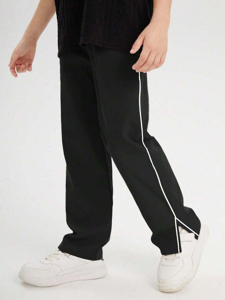 SHEIN Tween Boy Letter Applique Hem Slit Slant Pocket Pants Fall Winter - Black - View 1