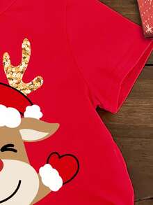 SHEIN Happikins Merry Christmas Baby Girl Red Summer Casual Graphic Family Matching Reindeer Print Crew Neck Short Sleeve T-Shirt,Cute Holiday Toddler Top - Multicolor - View 5