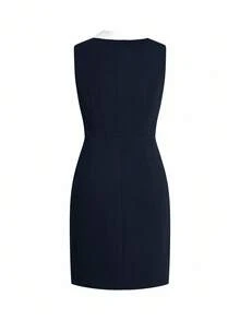 Ellevyn 女士优雅简约通勤黑白撞色修身中长连衣裙 - 藏蓝色 - 查看 6