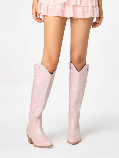 Kawaii Classic Slip-On Design Pointed Toe Embroidered Western Boots, Kawaii Pink Leather Over-The-Knee Boots