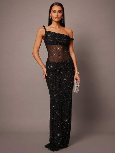 Silquee Women's Asymmetrical Neckline See-Through Hollow Long Dress, Sexy Pure Black, Low Waist, Autumn And Winter Mesh Jumpsuit Black Glitter Dress Black Glitter Dress Suitable For Daily Dating, Nightclubs, Christmas, Thanksgiving, Party, New Year, Elegant, Sexy, Valentine's Day