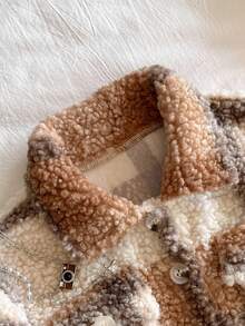 Tween Girl Casual Plaid Faux Fur Jacket, Autumn/Winter - Khaki - View 3