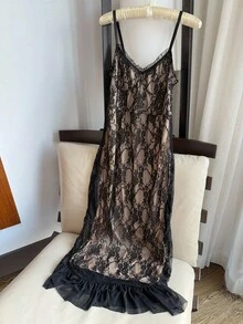 DAZY Black Lace Patchwork Sheer Mesh Adjustable Waist Sexy Nightgown For Women Lingerie For Women - Black - View 5
