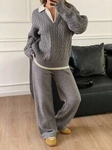 DAZY 女士休闲撞色针织毛衣和裤子两件套，秋季 - 灰色 - 查看 5