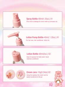 SHEIN X Care Bears Bộ 6 chai có thể tái sử dụng, in logo, thích hợp để đựng các sản phẩm chăm sóc cá nhân hoặc đồ tự làm, bao gồm 1 chai bơm, 1 chai xịt, 2 chai dưỡng thể, 2 lọ nắp vặn mini, gấu may mắn, gấu Funshine, gấu cổ vũ, gấu, gấu Love-A-Lot, gấu Tenderheart - Hồng - Xem 3