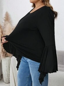 SHEIN CURVE+ Plus-Size Women's Black Long-Sleeved Flared-Sleeve Fitted Top, Dark Style/Fall/Winter - Black - View 9