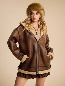 ROMWE EDITION Hippie Vintage Hooded Faux Fur Lamb Wool Soft Faux Fur Women Jacket - Coffee Brown - View 5