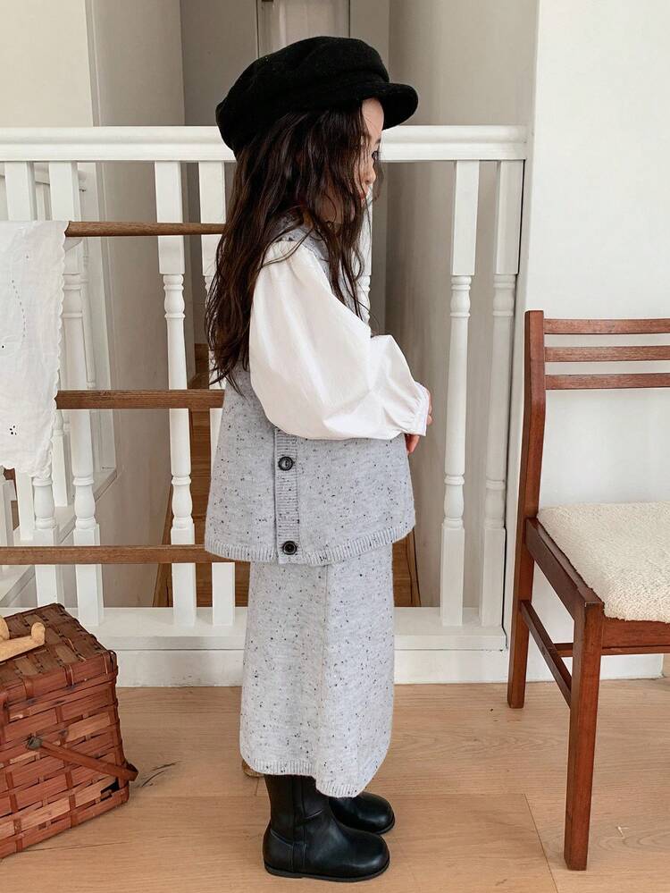 2pcs/Set Young Girls Solid Color Sleeveless Vest & Skirt Knit Sweater Set