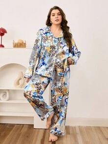 Chillnights Plus Size Leopard, Paisley, Floral & Chain Print Satin Lapel Long Sleeve Top & Pants Sleepwear Set Plus Size Pajama Sets For Women, Cozy Outfit, Fall Winter Clothes