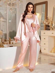 LuxeNights 3 件套女士优雅缎面拼布仿皮草吊带背心上衣和睡袍和裤子睡衣套装，秋季服装 - 粉色 - 查看 5