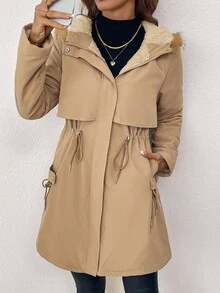 SHEIN Clasi 女款優雅收腰人造毛領連帽加厚棉襖外套，修身顯瘦，適合日常穿著，秋冬款 - 卡其色 - 查看 13