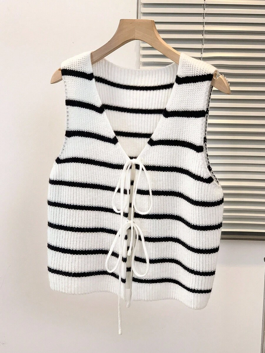 INAWLY 条纹休闲宽松前系带女式毛衣背心 - 白色 - 查看 1