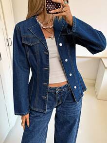 Siren Gaze 女士深蓝色牛仔外套，长袖高腰大衣，复古富贵风，INS风办公室穿搭，秋季冬季外套 - 深色水洗藍 - 查看 6