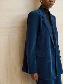 Aveloria Modichic Bộ đồ vest nhung hai hàng khuy công sở và quần ống rộng cho nữ - Màu xanh lam - Xem 5