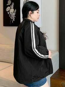 Dazy Plus Plus Size Contrast Color Patchwork Ribbon Pattern Embroidery Loose Casual Jacket, Spring/Summer/Autumn Women Coats - Black - View 2