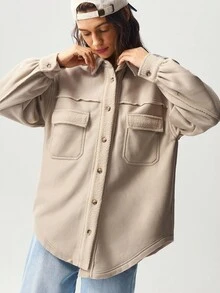 Bohemela Women's Casual Solid Color Knitted Long Sleeve Loose Shirt, Autumn/Winter - Grey - View 8
