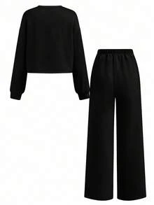 Sparklyn 2pcs/Set Teen Girls Casual Loose Floral Print Cropped Loose Sweatshirt + Elastic Waist Wide Leg Pants Set, Versatile Apricot Fall Winter