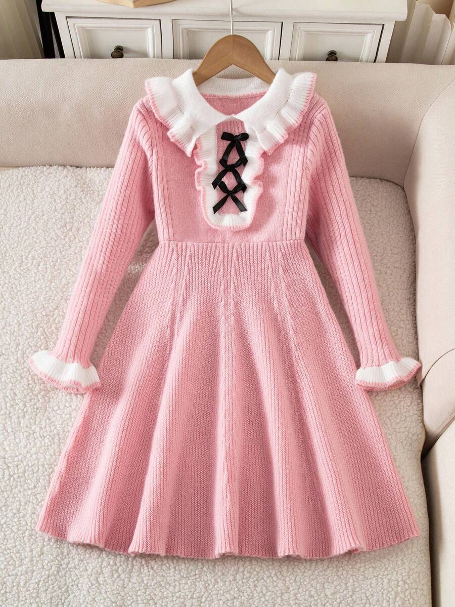 Sparklyn Váy len cổ nhún bèo, váy len nơ đen cho bé gái - Hồng - Xem 1