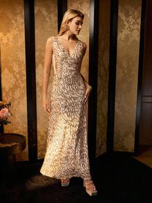 MOTF Soiréza WOMEN'S SEQUINS OPEN BACK V-NECK ELEGANT CEREMONIAL PROM DRESS - Champagne - View 3