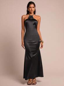 Glamine Women's Silky Satin Knitted Floral Decoration Backless Halter Neck Elegant Maxi Dress, Women's French Black Solid Color Three-Dimensional Flower Decoration Slim Sleeveless Temperament Long Dress, Elegant Sexy Slim Skin-Friendly Breathable Drape Sexy Pure Hot Girl Party Holiday Long Dress Costumes - Black - View 5