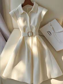 SHEIN Clasi 女式纯色短袖单排扣休闲中长衬衫裙