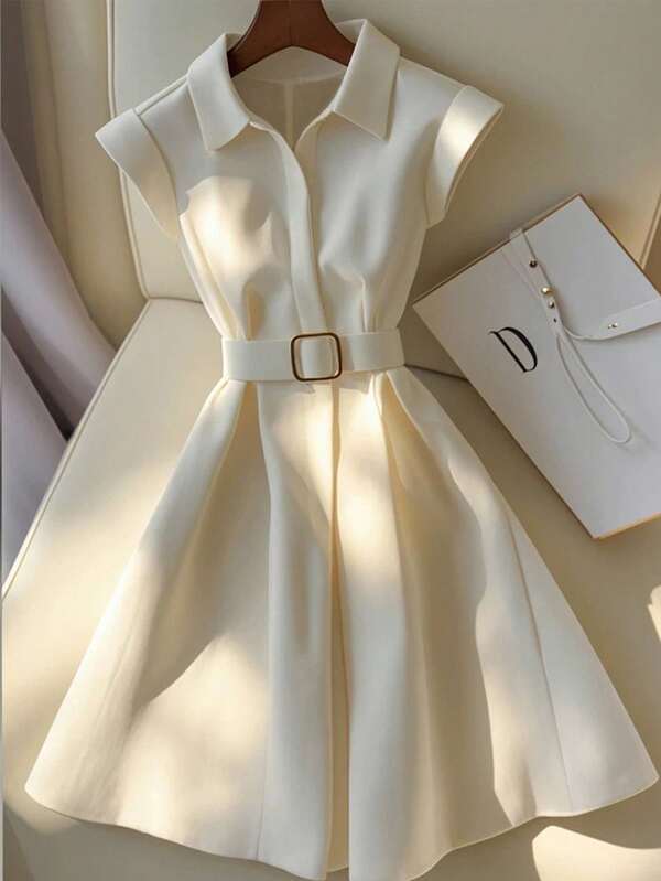 SHEIN Clasi Women's Solid Color Short Sleeve Single Breasted Casual Midi Shirt Dress