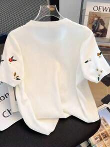 SHEIN 女式夏季花卉刺绣圆领T恤 - 白色 - 查看 2