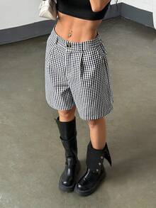 StreetHx Women's Casual Black & White Plaid Shorts, Spring - Black and White - View 4