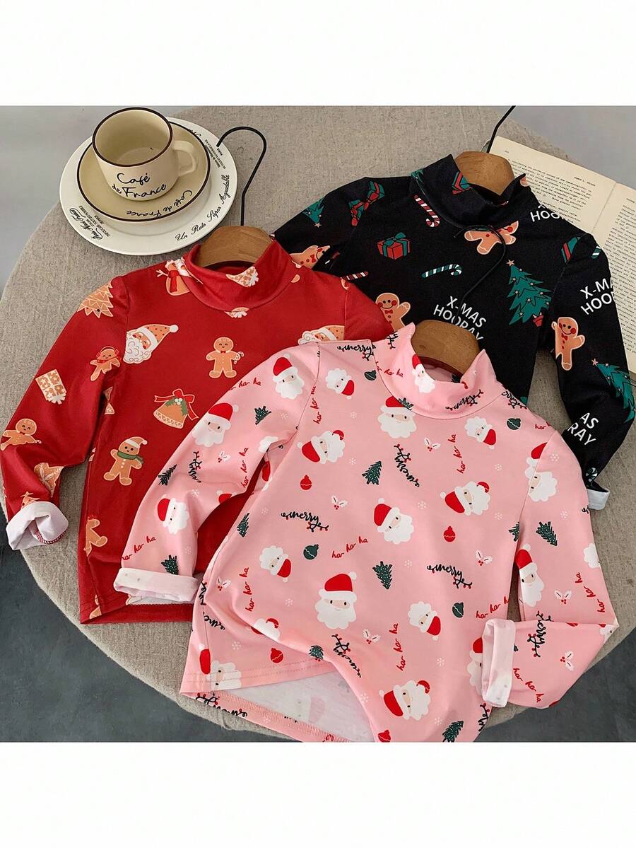 SHEIN 3pcs Young Girl Halloween Graphic Knit Stand Collar Casual T-Shirt Set - Multicolor - View 1