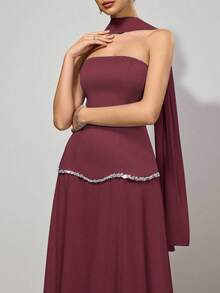 Coutiva Vestido Elegante de Coquetel Bodycon Sem Alças da Moda para Mulheres - Vinho - Visão 5