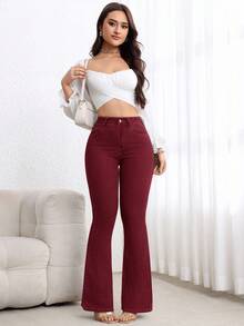 EMERY ROSE Quần jeans ống loe cạp cao giặt thường ngày cỡ lớn - Màu Đỏ Sâu - Xem 6