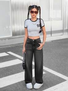 SHEIN 休閒街頭風寬鬆直筒拉鍊牛仔褲，黑色經典耐穿，適合青少年女孩與男嬰，校園穿搭，柔軟大膽時髦酷感清新舒適自在，夏季牛仔褲 - 黑色 - 查看 3